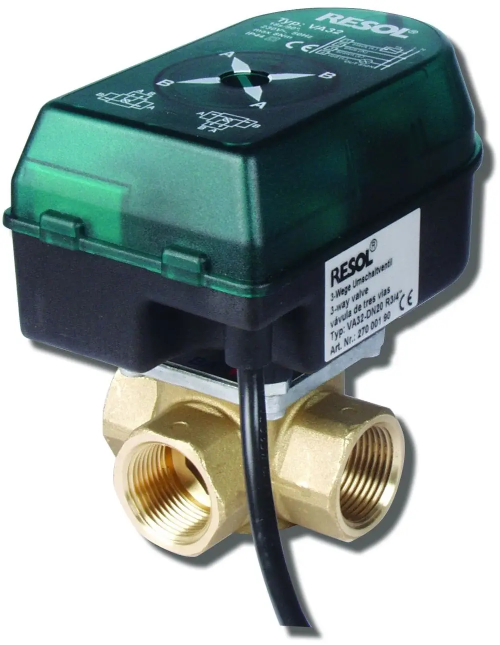 Drei-Wegeventil mit Stellmotor der Marke Remeha, in einem kompakten Design. Das Ventil hat Anschlüsse für Rohrleitungen und ist für Heizungsanwendungen ausgelegt.